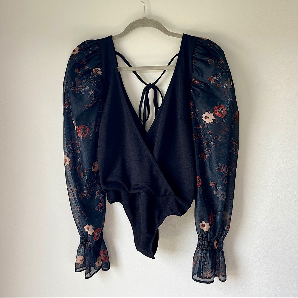 Rare! Free People Floral and Black Organza Puff Sleeve Bodysuit
